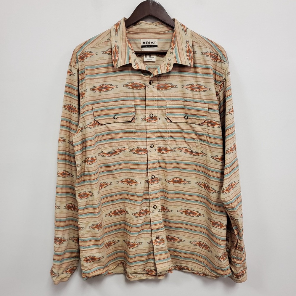 Ariat Mens Long Sleeve Pearl Snap Western Aztec Shirt Size XL Beige Equestrian